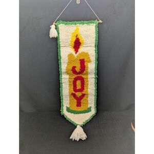 VTG Joy Christmas Candle Wall Hanging Latch Hook Shag Yarn Art 12" x 39"